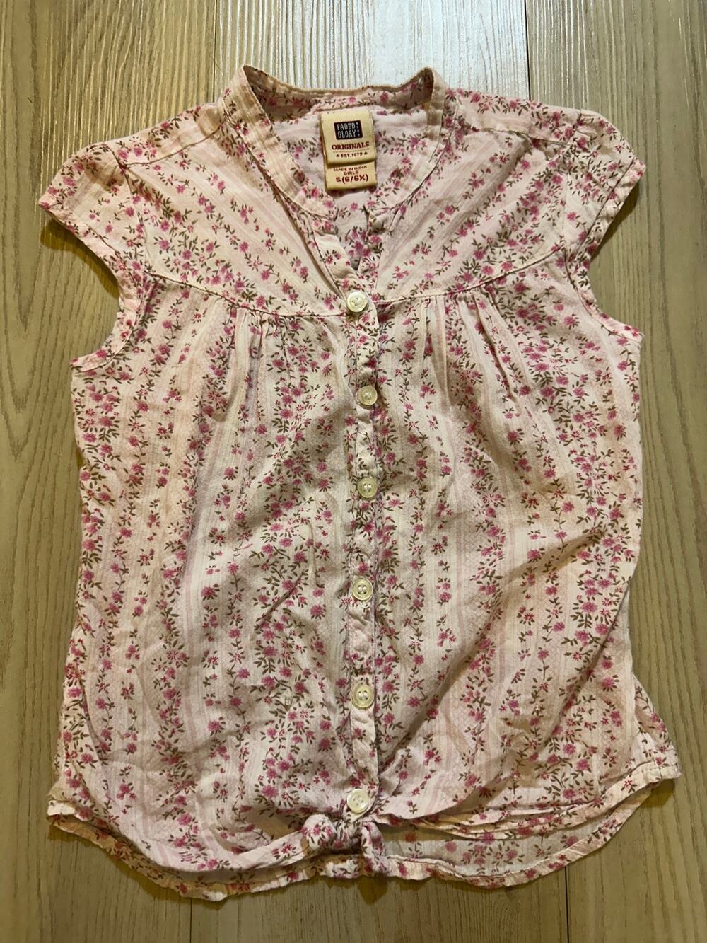 Faded Glory Originals Girls Pink Floral Button Up Cap Sleeve Tie Front